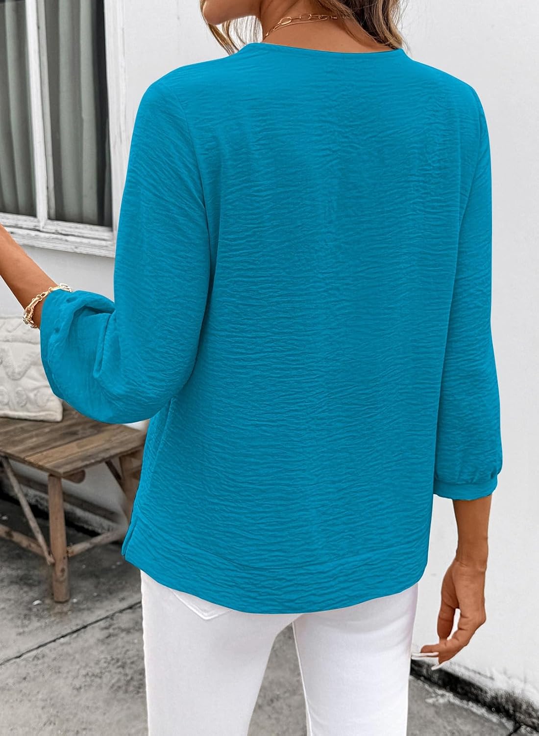 Women Smocked Neck Tops 3/4 Sleeve Loose Fit Shirts Business Dressy Casual 2026