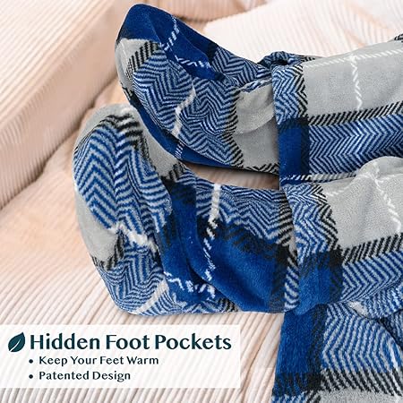 PAVILIA Fleece Blanket with Sleeves, Foot Pockets for Women Men Adults, Plush Wearable Blanket Throw Wrap, Warm Snuggle Blanket Robe, Cozy Gift Ideas Wife Mom, Plaid Navy Blue