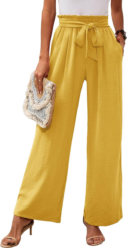 Heymoments Women's Wide Leg Lounge Pants with Pockets Lightweight High Waisted Adjustable Tie Knot Loose Trousers
