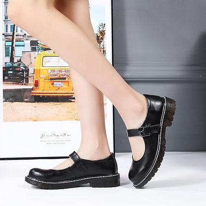 XMM Mary Jane Shoes Women Oxford Shoes Leather Round Toe Flats Non-Slip Ankle Buckle Strap Comfort Casual Dressy Cosplay Party School Work Shoes - Yellow Trim