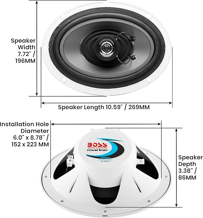 BOSS Audio Systems MR690 6x9 Inch Marine Speakers - 350 Watts Per Pair, Coaxial, 2 Way, Full Range, 4 Ohms, Weatherproof