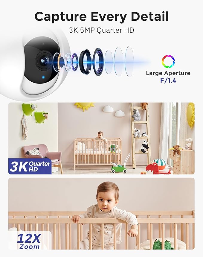 Hugolog 3K Security Camera 2.45 GHZ with 32 GB SD Card Indoor PanTilt,AI Sound Processing Ideal for Baby MonitorPet CameraHome Security with 12Zoom,Starlight Color Night Vision