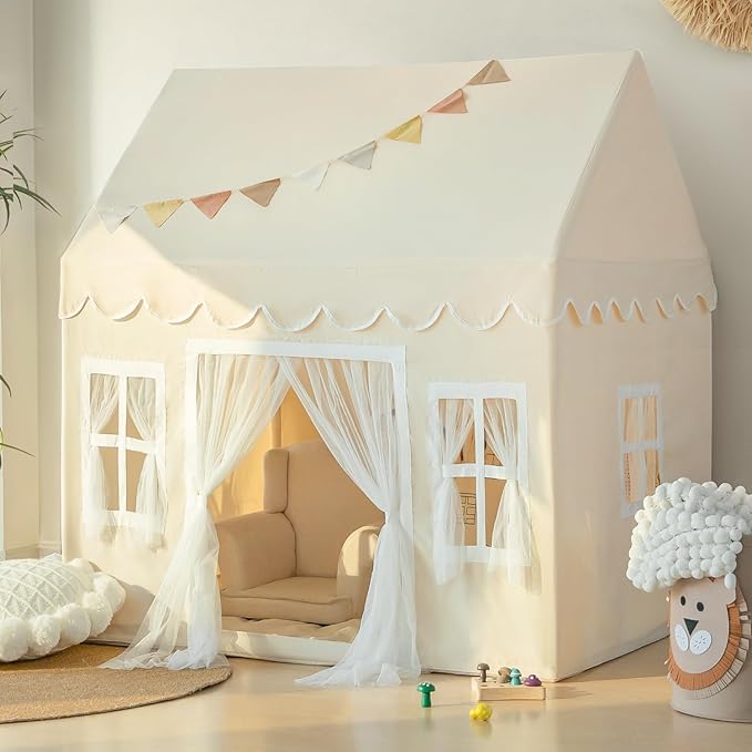 Kids Play Tent with Padded Mat, Large Play House Kids Tents for Girls and Boys, Toddler Castle Toys Bed Tents Playhouse Indoor, Neutral