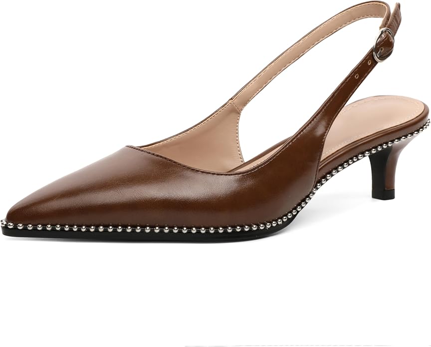 AUMOTED Women's Slingback Kitten Heels Pointed Toe Stiletto Low Heel Ankle-Strap with Beaded Pumps Dress Shoes 1.6 Inches