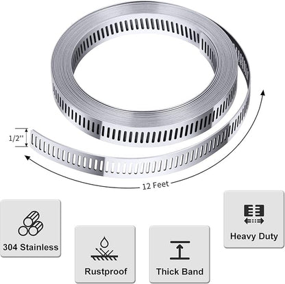 304 Stainless Steel Hose Clamp Assortment Kit DIY, Cut-To-Fit 12 FT Metal Strap8 Stronger Fasteners,Large Adjustable Worm Gear Band Hose Clamps Screw Clamps Duct Pipe Metal Clamp Strapping