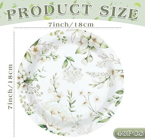 48PCS White Floral Party Paper Plates 7In Wildflower Party Decorations Spring Blossom Flowers Dinner Plates Greenery Disposable Tableware for Wedding Bridal Baby Shower Birthday Party Supplies