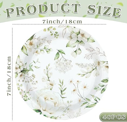 48PCS White Floral Party Paper Plates 7In Wildflower Party Decorations Spring Blossom Flowers Dinner Plates Greenery Disposable Tableware for Wedding Bridal Baby Shower Birthday Party Supplies