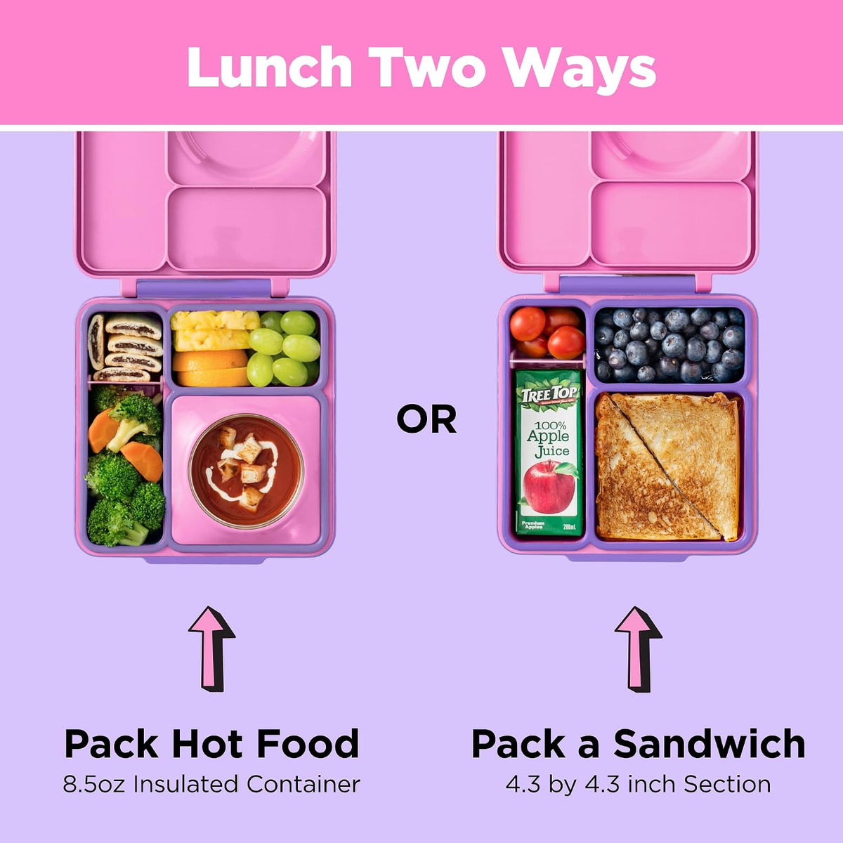 OmieBox Bento Box for Kids - Insulated Bento Lunch Box with Leak Proof Vacuum Insulated Food Jar - 3 Compartments, Two Temperature Zones (Unicorn Pink)