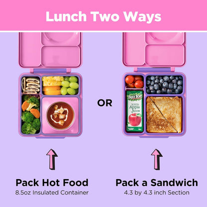 OmieBox Bento Box for Kids - Insulated Bento Lunch Box with Leak Proof Vacuum Insulated Food Jar - 3 Compartments, Two Temperature Zones (Unicorn Pink)
