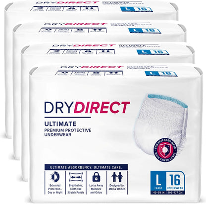 Dry Direct Ultimate Underwear, Made-in-USA Adult Diapers, Max Absorbency Disposable Incontinence Protection - Large (Case of 64)
