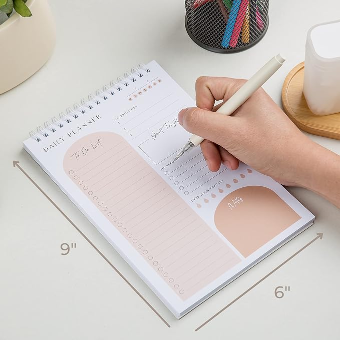 Daily Planner To Do List Notepad 60 Undated Pages,Apricot,Twin-ring Spiral Bindling 6x9 Inch Desktop Daily Planning Notepad with Protective Cover,Notebook for Daily Tasks, Water Intake, Habit Tracker