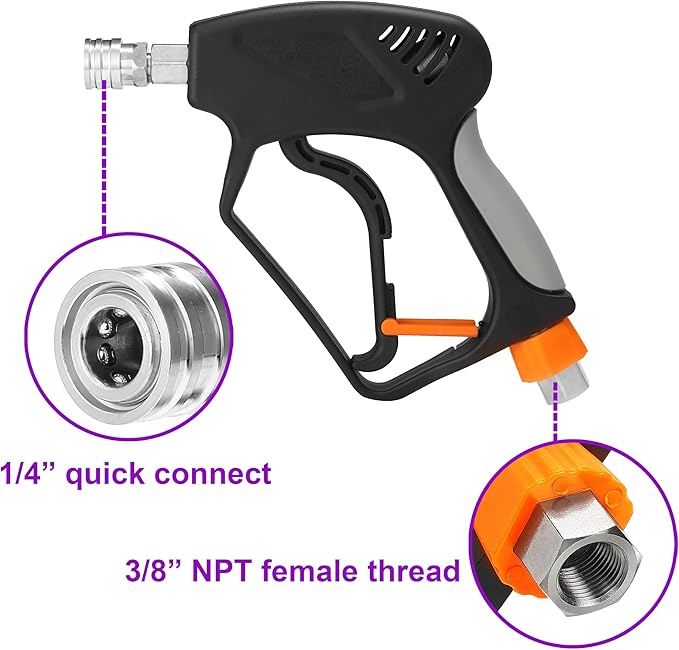 PWACCS Pressure Washer Gun with Swivel, Short Power Washer Gun with 38 Quick Connector, M22 14mm 15mm Fitting, 5 Pressure Washer Nozzle Tips with Holder, 5000 PSI Black