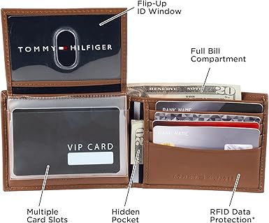 Tommy Hilfiger Men's Classic Logo Style Passcase Bifold Wallet with Multiple Card Slots and ID Window