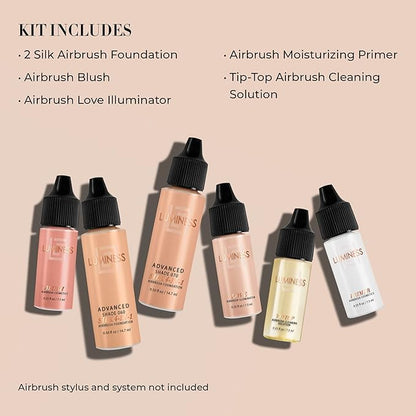 Luminess Silk 4-in-1 Airbrush Foundation Makeup Starter Kit - Warm Coverage, 6-piece - Includes 2x Silk Airbrush Foundation, Blush, Glow Highlighter, Moisturizer Primer  Airbrush Cleaning Solution