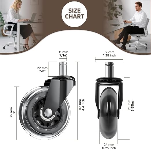 Office Chair Wheels for Hardwood Floor, 4 Pack 3 Inch Heavy Duty PU Caster Wheels, Replacement Casters Universal Stem, Quiet & Smooth for Most Chairs (pack of 4)