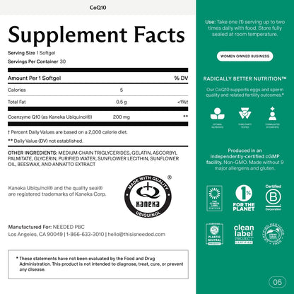 Needed. CoQ10 200mg Supplement - Ubiquinol 200mg for Women and Men – Coenzyme Q10 Preconception Health Supplement, Non-GMO, Softgels – 30 Count ( No Original Box )