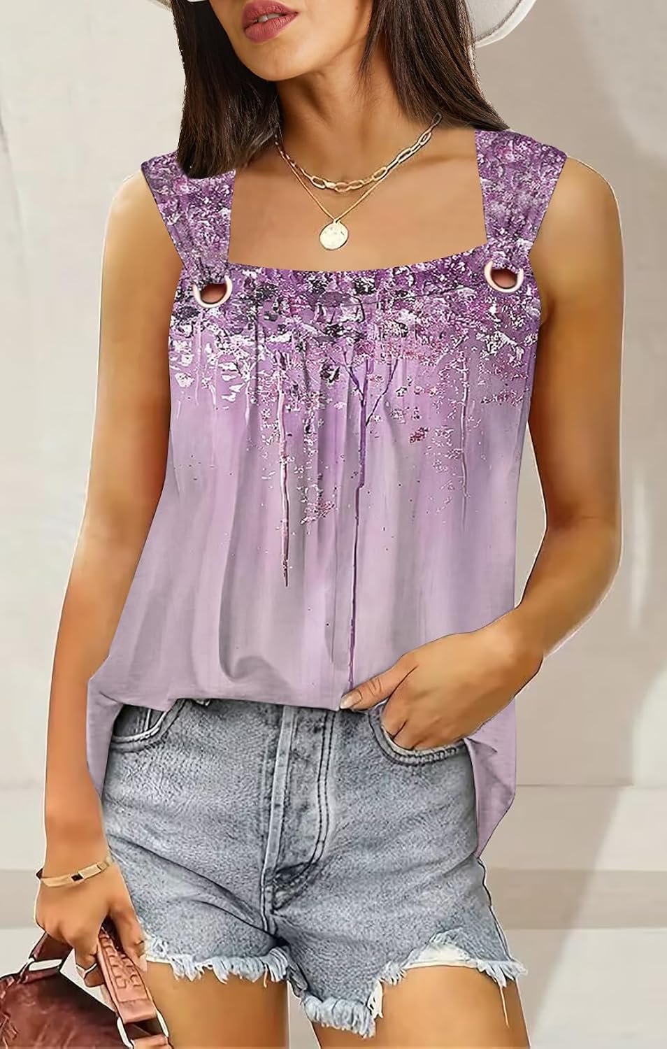 Summer Tank Tops for Women Pleated Square Neck O Ring Shoulder Sleeveless Shirts Casual Loose Fit Trendy Blouses