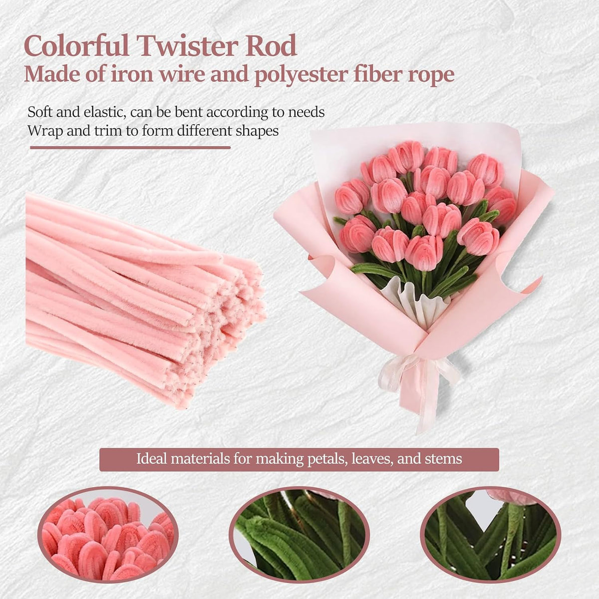 400 Pcs Pipe Cleaners Craft, Pastel Chenille Stems for DIY Art Projects Creative Gift (4 Colors), Flower Making Kit with Floral Wires Tape, Bulk Fuzzy Pipe Cleaner Flower Kit for Party Decor (Pink)