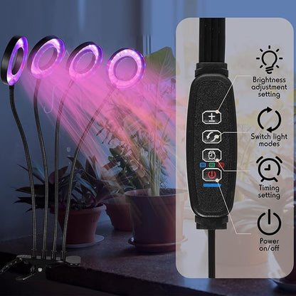 2 Pack Clip-on LED Grow Light Indoor 4 Heads With 3.5'' Ring Lamp, 192 LEDs, Adjustable Growing Lamp, 3912h Timer, 10 Dimmable Levels for Various Plants