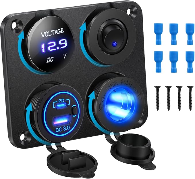 Upgraded Kohree 12V USB Outlet with Individual Switch, 4 in 1 USB C Marine Socket Panel Waterproof Rocker Toggle Switches with QC3.0 USB & Type C PD Port, Cigarette Lighter Socket for RV Marine Boat