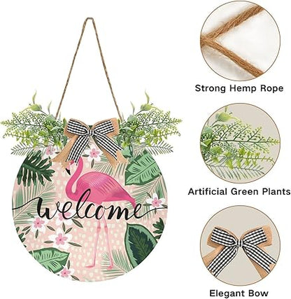 xigua Tropical Pink Flamingo Welcome Sign Front Door Decor, Outdoor Hanging Porch Wreath Interchangeable Seasonal Icons for Farmhouse Wall Home Holida