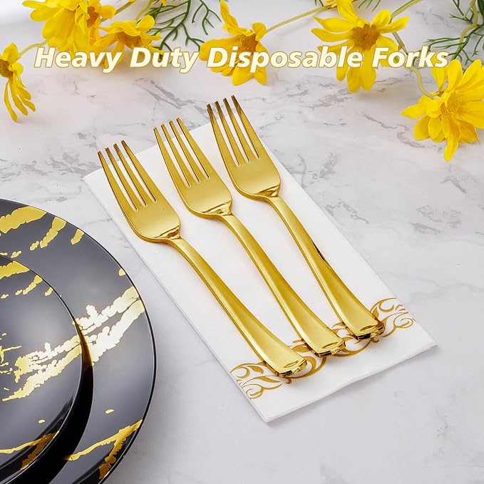 50 Pack Gold Plastic Forks, Heavy Duty Forks Disposable, Plastic Cutlery Perfect for Weddings, Parties, Dinners and Thanksgiving