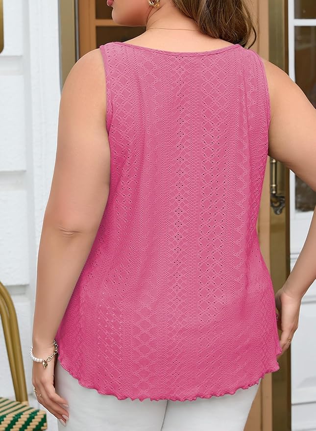 Eytino Womens Plus Size Tank Tops Summer Eyelet Embroidery Sleeveless T-Shirts Tops Scoop Neck Causal Loose Flowy Cami(1X-5X)