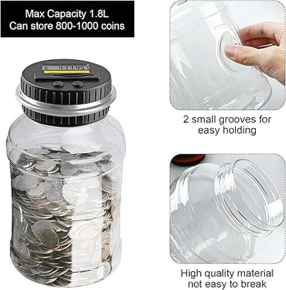 QPEY Coin Counter Piggy Bank, Coin Jar for Adults, Digital Counting Money Jar, 1.8L Capacity Coin Counter Machine with LCD Counter, Change Jars for Saving (Silver)