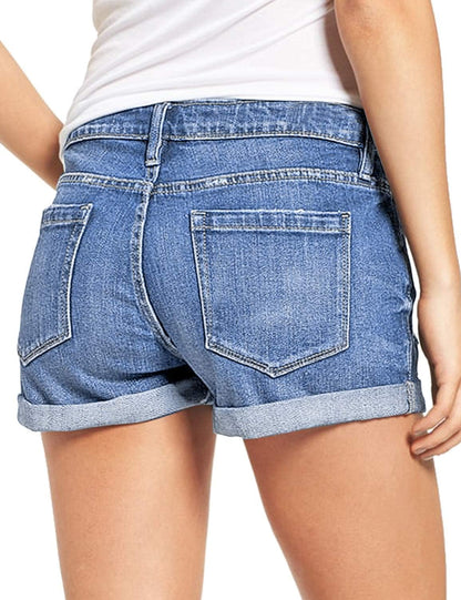 LookbookStore Women's High Waisted Rolled Hem Distressed Jeans Ripped Denim Shorts