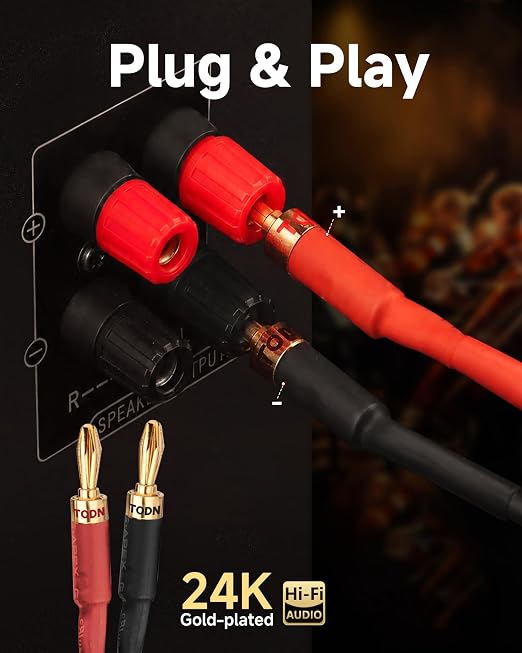 TODN 6.5ft Speaker Cable with Banana Plugs 99.99% 4-Core OFC for Audiophile 1 Cable 24K Gold-Plated Banana Plug Speaker Wire with Connectors, Nylon Braided, for Speakers Home Theater Amplifier Stereo