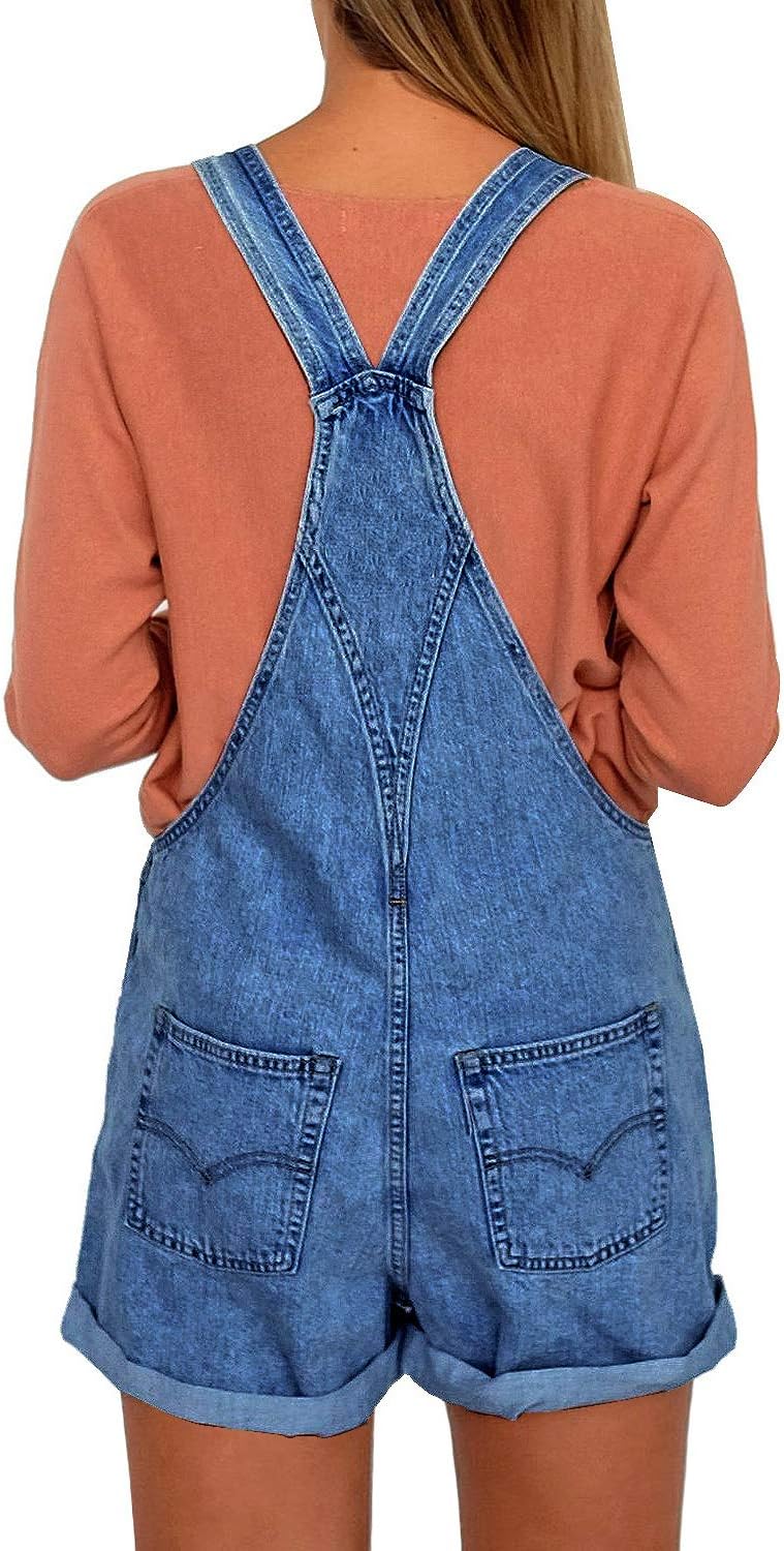 luvamia Women's Casual Adjustable Strap Cuffed Hem Denim Bib Overalls Shorts Romper