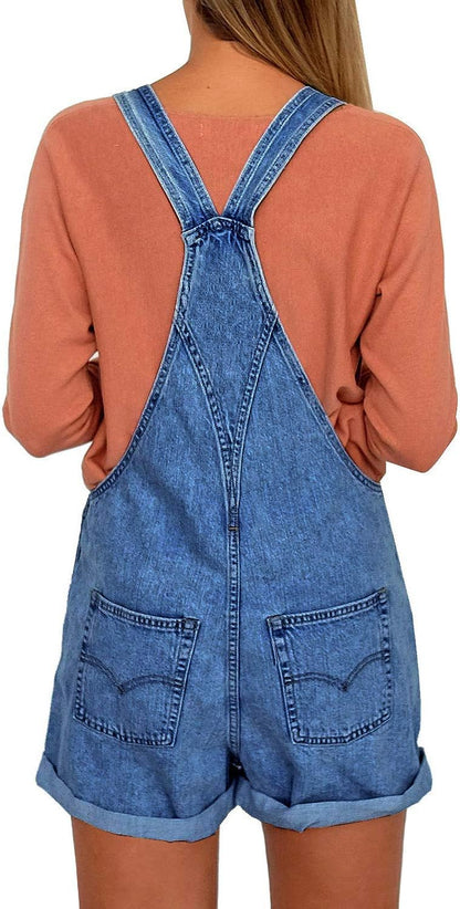 luvamia Women's Casual Adjustable Strap Cuffed Hem Denim Bib Overalls Shorts Romper