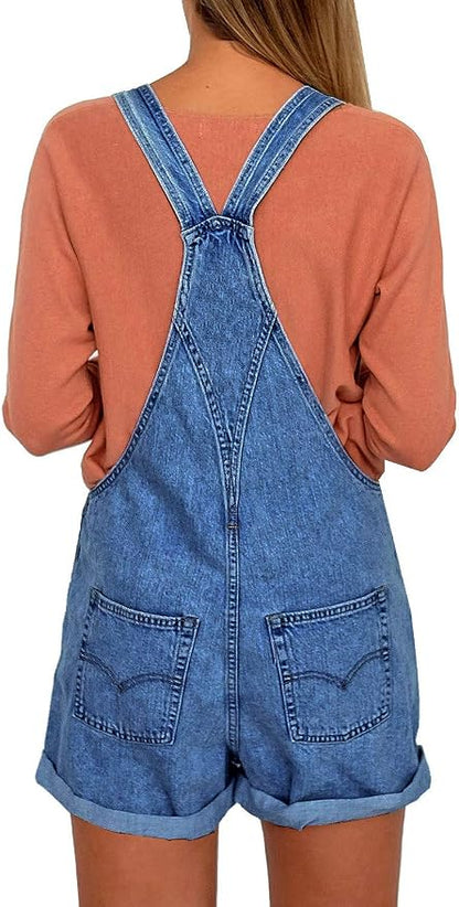 luvamia Women's Casual Adjustable Strap Cuffed Hem Denim Bib Overalls Shorts Romper