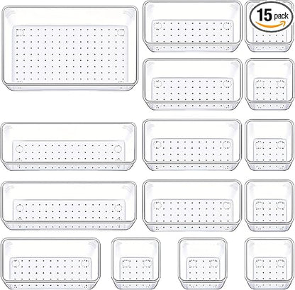 Drawer Organizers Set of 15, 4 Sizes Clear Plastic Drawer Organizers and Storage Bins for Kitchen, Bathroom, Office, Dresser Desk Drawer Organizer Tray for Jewelry, Makeup, Junk, Gadgets