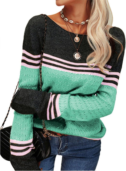 ZOCANIA Striped Sweater Women Crew Neck Long Sleeve Color Block Sweater Lightweight Knit Pullover Fall Fashion Jumper Tops