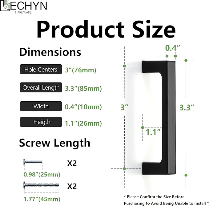 Matte Black Kitchen Cabinet Pull, 2 Pack 3 Inch(76MM) Hole Center, Modern Square Flat Hardware Handle and Knob for Cabinet Door Drawer Cupboard Wardrobe Bathroom Furniture Dresser