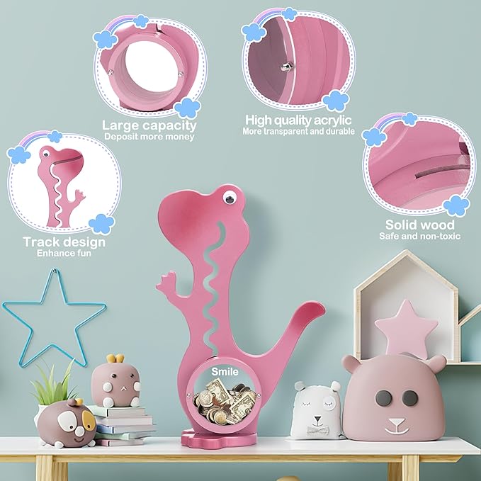 Wooden Dinosaur Piggy Bank Boalord for Boys Kids Girls Clear Big Belly Animal Coin Bank for Toddler Real Money ToyOoaDino-PinkOoa