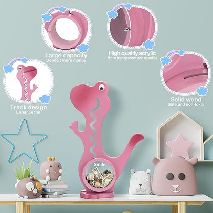 Wooden Dinosaur Piggy Bank Boalord for Boys Kids Girls Clear Big Belly Animal Coin Bank for Toddler Real Money ToyOoaDino-PinkOoa