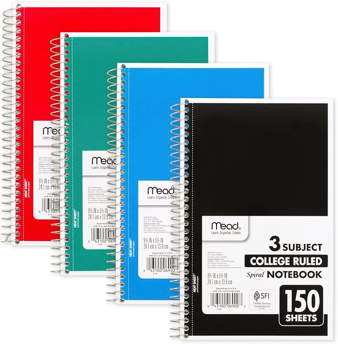 Mead Small Spiral Notebook, 3-Subject, College Ruled Paper, 9-1/2" x 5-1/2", 150 Sheets per Notebook, Color Will Vary, 1 Count (06900)
