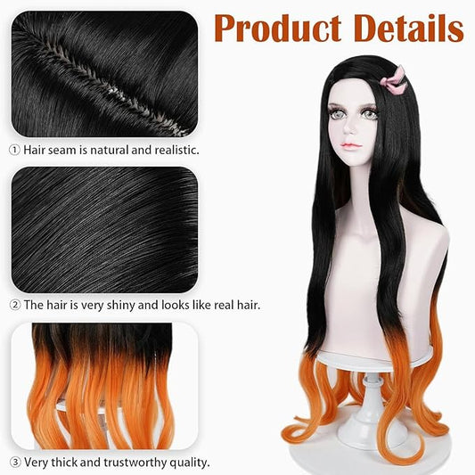 LABEAUTa Nezuko Cosplay Wig for Anime Black Orange Wig, Women Adult Long Halloween Character Costume Wigs Cosplay Clothes for Demon Slayer