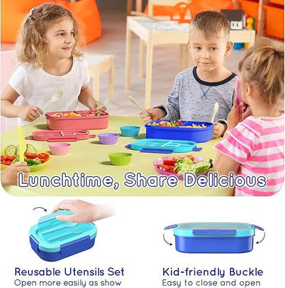 Kids Bento Lunch Box Leakproof Lunch Box with 4 Compartments Lunch Containers with Tableware Kids Bento School Lunch Boxes with Container 44oz, Microwave Dishwasher Freezer Safe (Blue)
