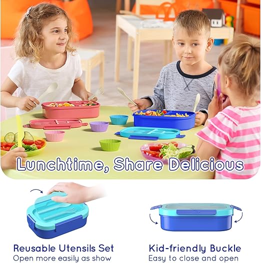 Kids Bento Lunch Box Leakproof Lunch Box with 4 Compartments Lunch Containers with Tableware Kids Bento School Lunch Boxes with Container 44oz, Microwave Dishwasher Freezer Safe (Blue)