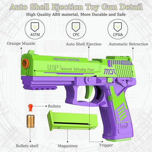 Automatic Shell Ejection Toy Gun with Soft Bullet- Automatic Reloading Rebound Toy Gun Pistols for Shooting Game Educational Toys Gifts for Kids Boys Girls (USP-Green)