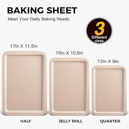 HONGBAKE Cookie Sheets, Baking Sheet Set, Nonstick Oven Pan with Wider Grips, 3 Pack HalfJelly RollQuarter Baking Tray, Premium  Dishwasher Safe