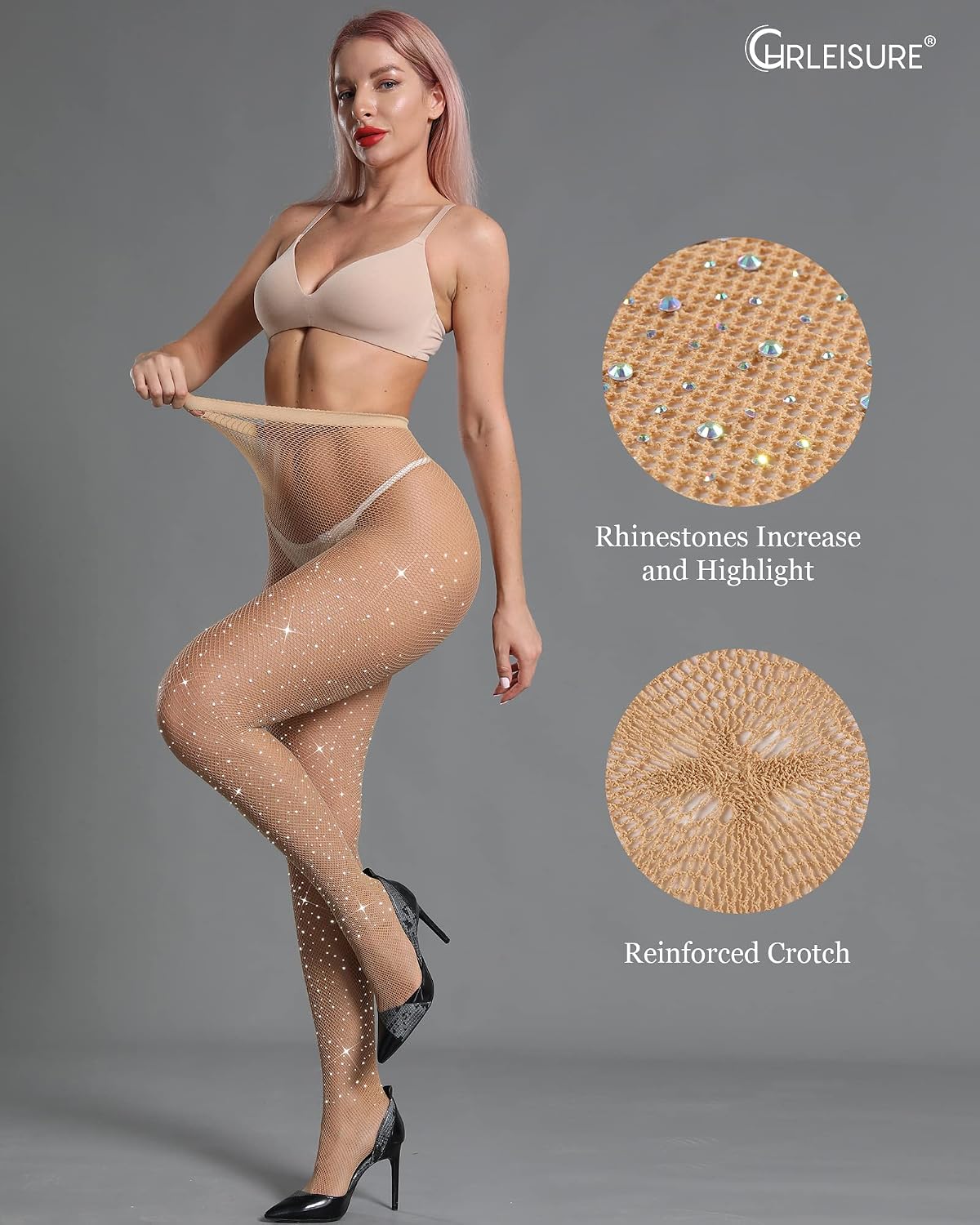 CHRLEISURE Women's Sparkle Rhinestone Fishnets, Sexy Sparkly Glitter Party Concert Outfit Fishnet Stockings