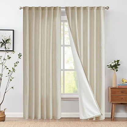 jinchan Oat Linen Curtains 96 Inches Long for Living Room Farmhouse with Lined Rod Pocket Back Tab Light Filtering Window Drapes with Lined for Bedroom Curtains 2 Panels Oat