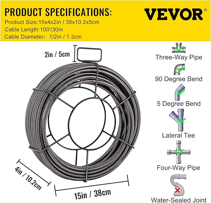 VEVOR 100 ft x 12 inch Solid Core Sewer Snake Clog Pipe Drain Cleaning Cable WFour Shapes of Cutters, Black