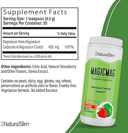 NaturalSlim Magicmag Pure Magnesium Citrate Powder  Stress, Constipation, Muscle, Heart Health, and Sleep Support  Natural Strawberry  Lime Flavored Magnesium Supplement - 8oz Drink Mix (Solo)