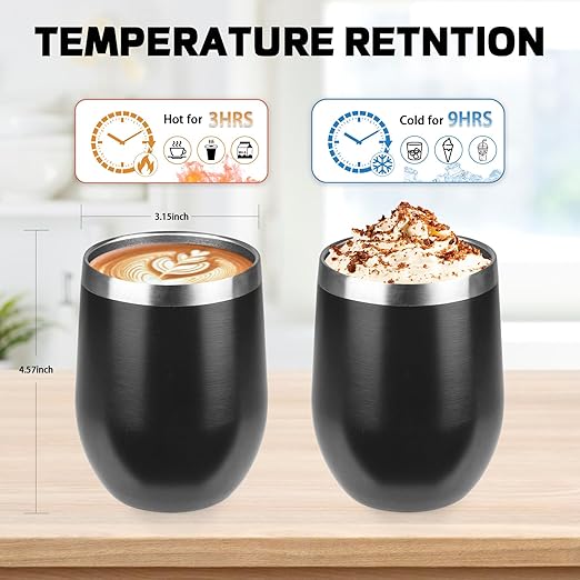 StarSpeed 12oz Wine Tumbler with lid, Stainless Steel Travel Mugs Stemless Double Wall Insulated Coffee Cup, Insulated Wine Glasses Travel Tumbler for Cold & Hot Drinks(Black, 1)