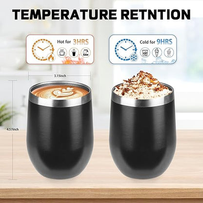 StarSpeed 12oz Wine Tumbler with lid, Stainless Steel Travel Mugs Stemless Double Wall Insulated Coffee Cup, Insulated Wine Glasses Travel Tumbler for Cold & Hot Drinks(Black, 1)